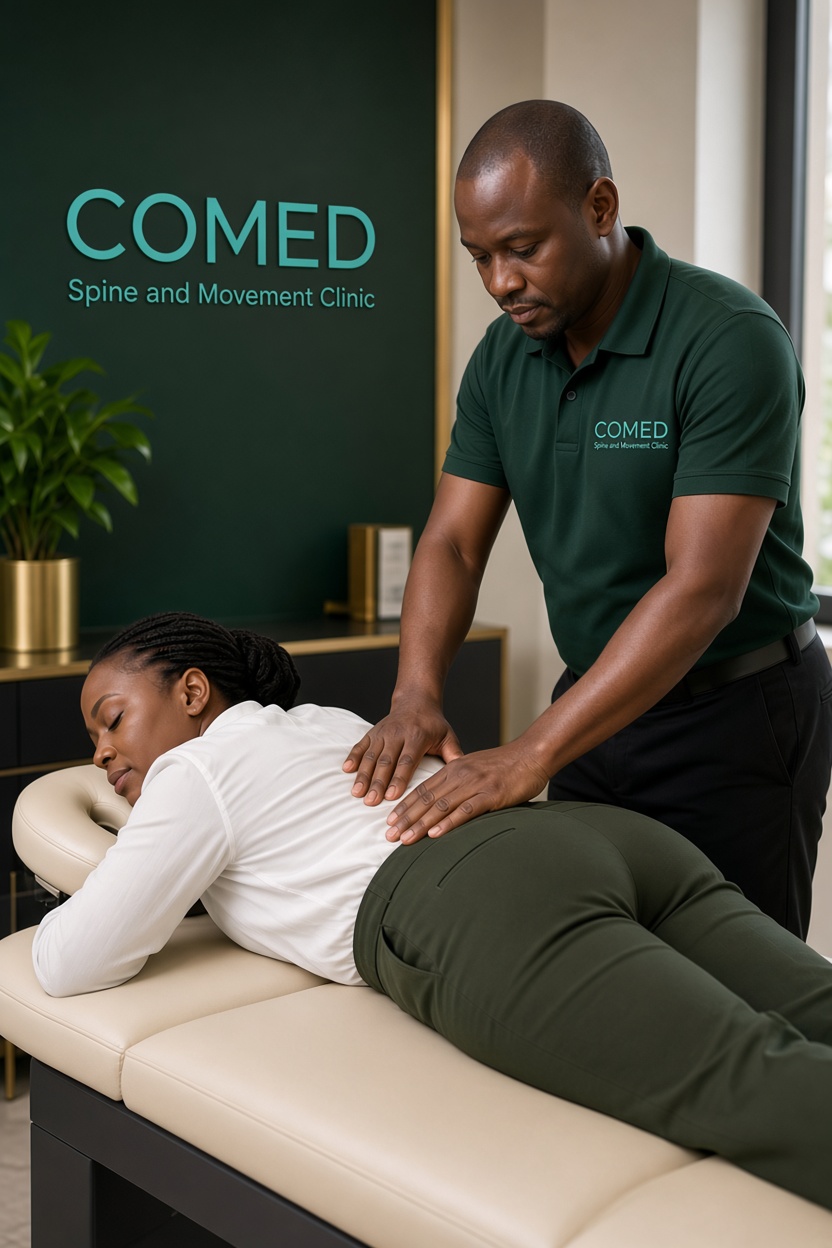 Chiropractor treating a patient's lower back at Comed Clinic